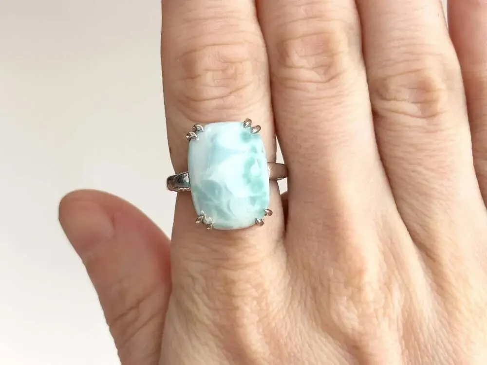 Larimar Solitaire Cabochon Gemstone Sterling Silver Claw Prong Set 925 Vintage R